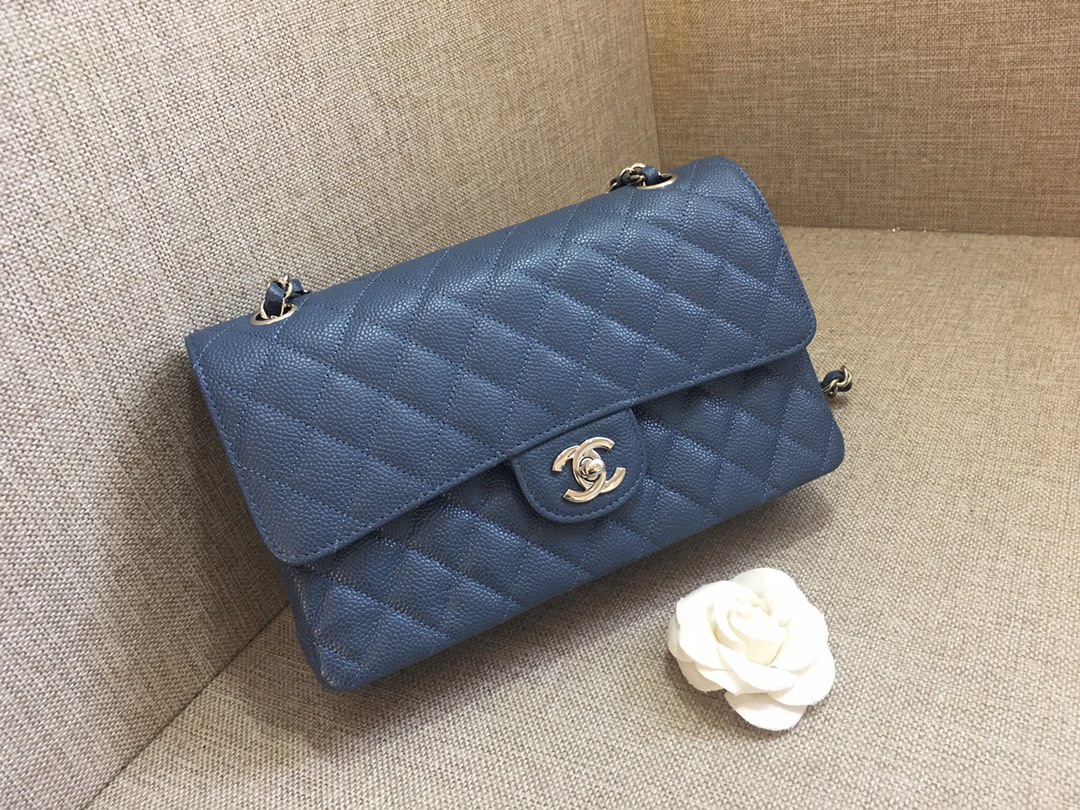 Medium Classic Flap Caviar Bag A01112 Dark Blue/Silver